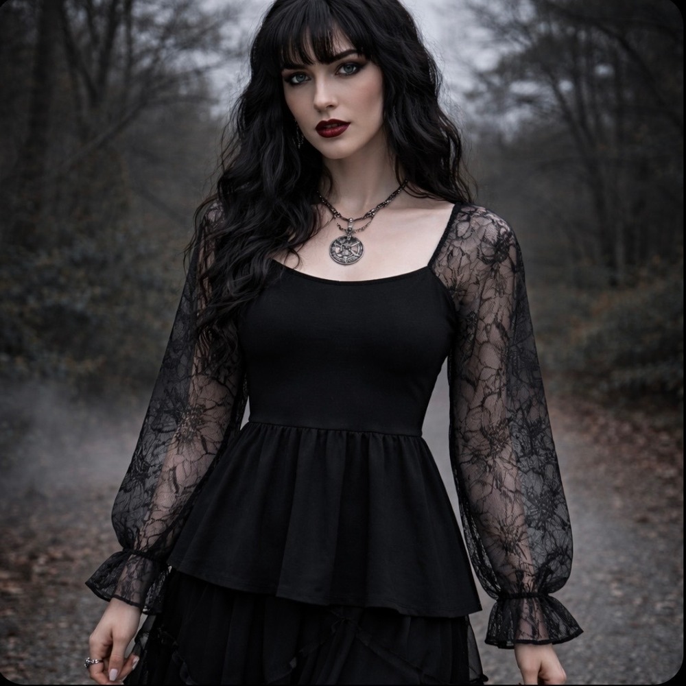 Maurices Velvet Lace Sheer Long Sleeve Slinky Knit Top XS Black Witch Gothic Emo